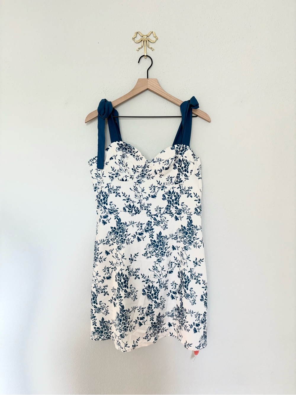 Cider White Dress with Navy Floral Print and Tie Shoulder Straps